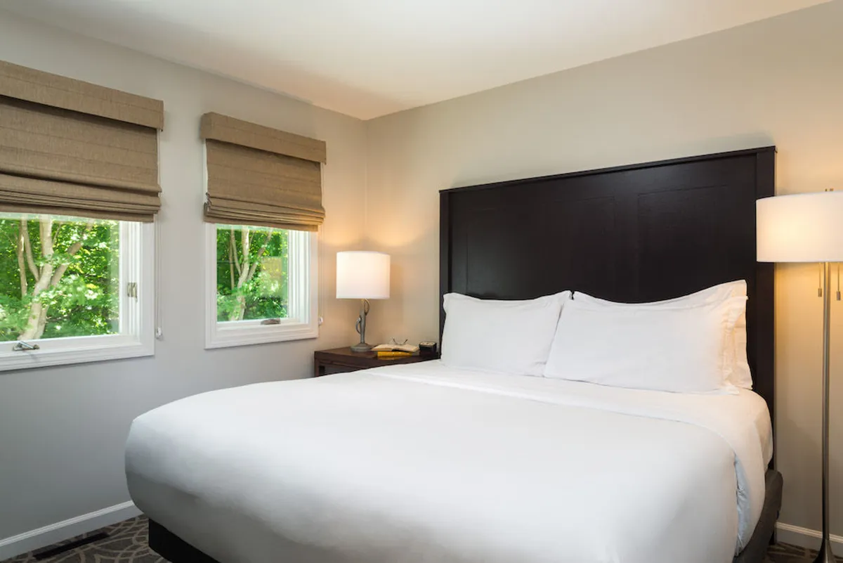 A second bedroom view highlighting a cozy bed with white linens positioned near sunlit windows. A nightstand with a lamp and a book placed on top further enhance the sense of comfort and relaxation, creating an inviting and intimate atmosphere.