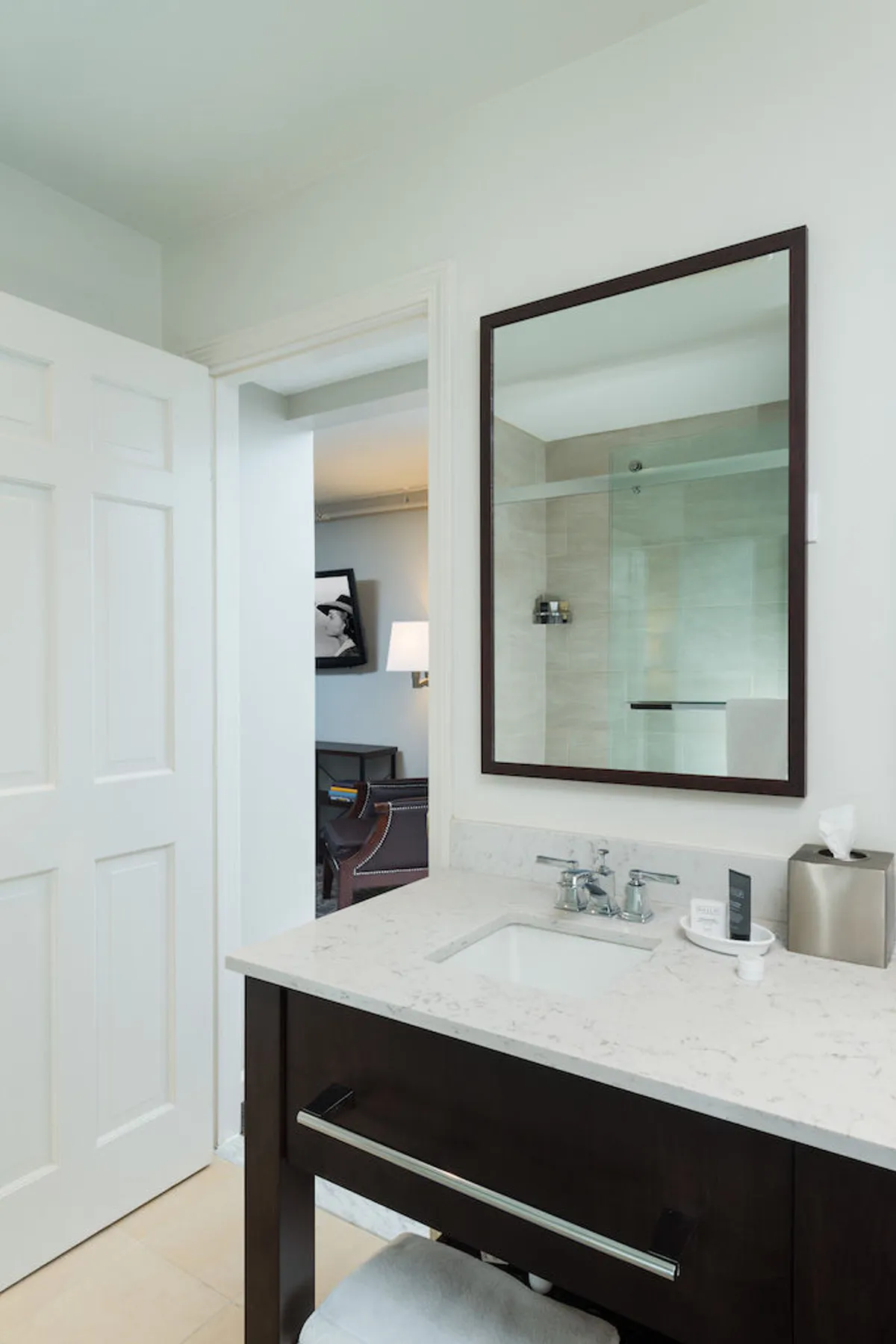 A thoughtfully appointed bathroom scene with a modern sink, spacious mirror, and elegant cabinetry. The tranquility of the space invites guests to indulge in refreshing morning routines or relaxing evening baths, enhancing the overall sense of rejuvenation and luxury.